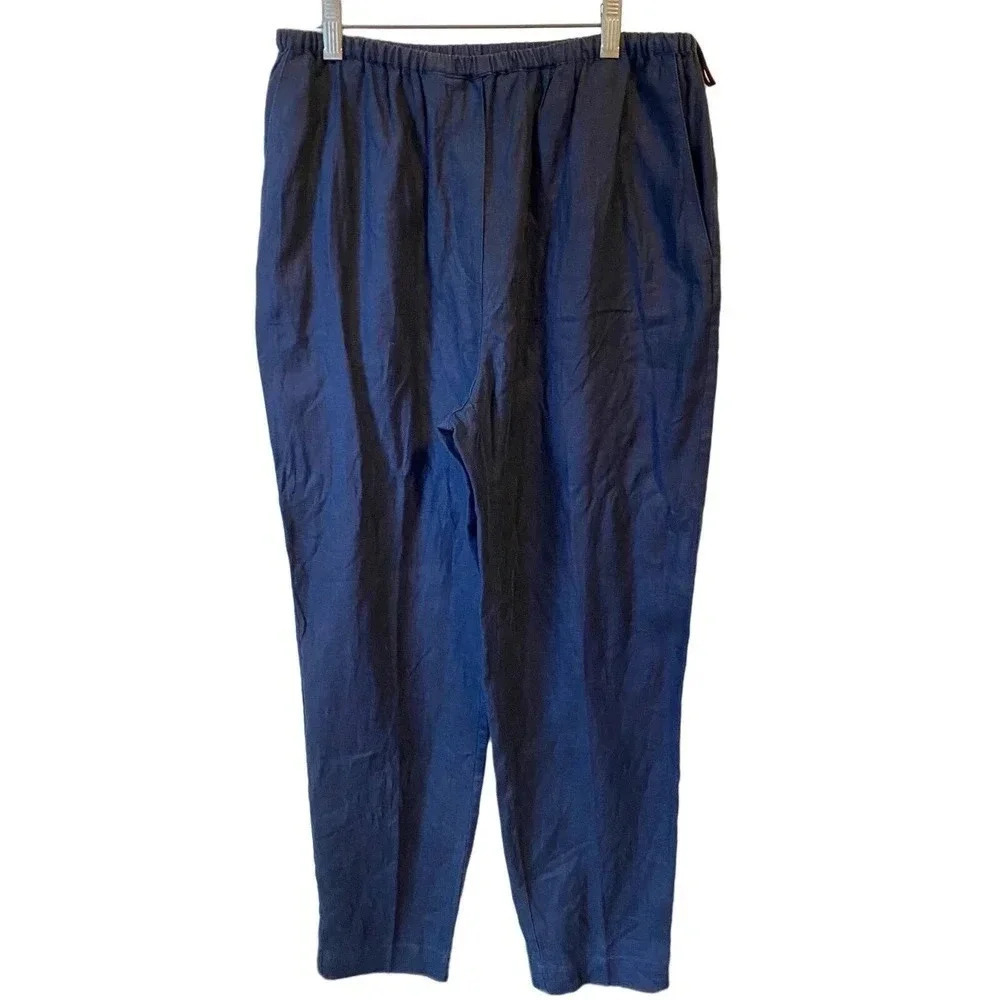 Valerie Stevens Blue Linen Casual Pull on Pants Women PM Pockets Elastic Waist